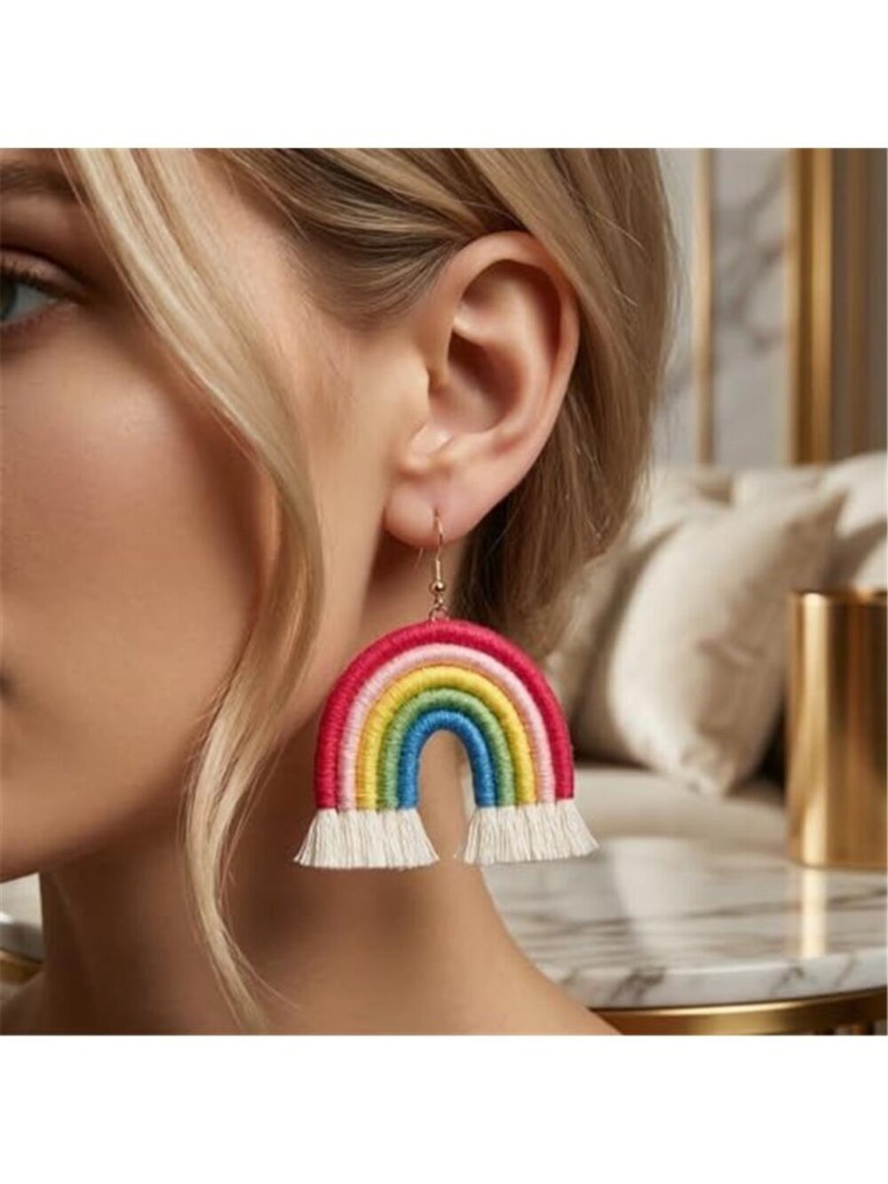Boho Rainbow Tassel Drop Earrings Womens - Picture 2 of 3